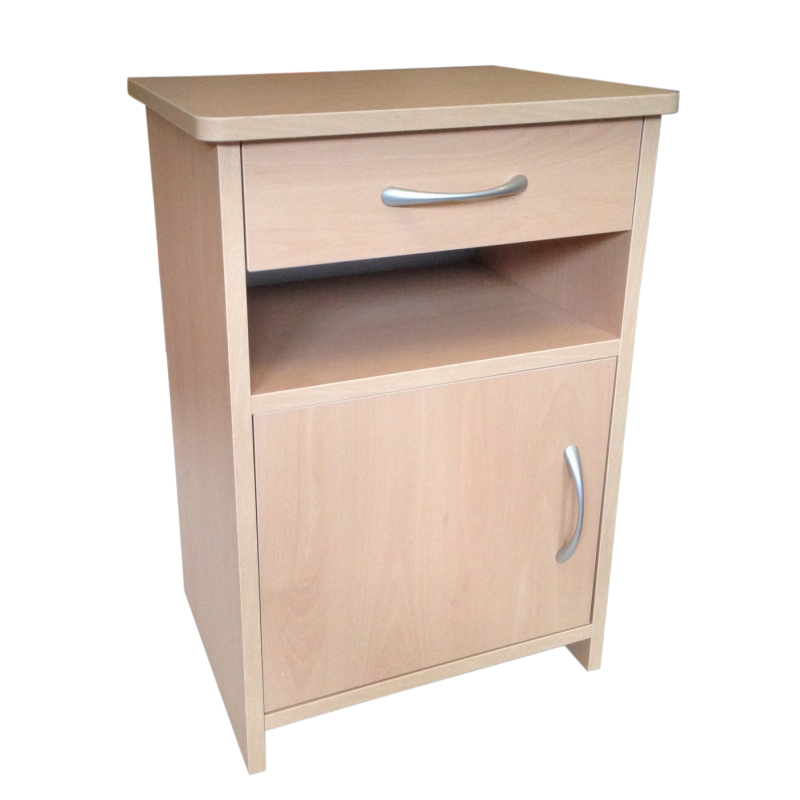 Mesita de noche con cajón, hueco y puerta. Fabricada en melamina